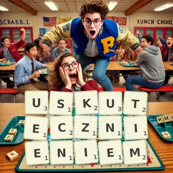 Kreatywna ilustracja do gry w Scrabble ze słowem USKUTECZNIENIEM ułożonym z płytek na planszy.