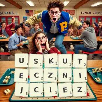 Kreatywna ilustracja do gry w Scrabble ze słowem USKUTECZNIJCIEZ ułożonym z płytek na planszy.