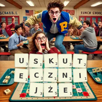 Kreatywna ilustracja do gry w Scrabble ze słowem USKUTECZNIJŻE ułożonym z płytek na planszy.