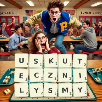 Kreatywna ilustracja do gry w Scrabble ze słowem USKUTECZNILYSMY ułożonym z płytek na planszy.