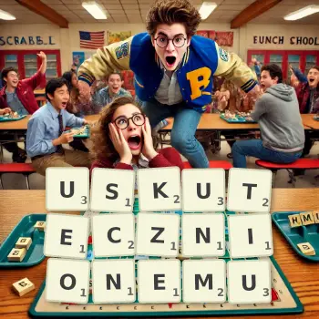 Kreatywna ilustracja do gry w Scrabble ze słowem USKUTECZNIONEMU ułożonym z płytek na planszy.