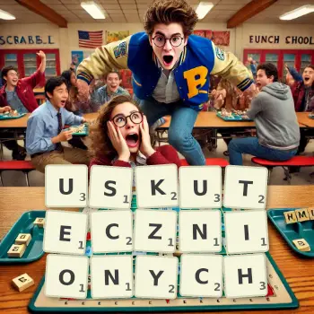 Kreatywna ilustracja do gry w Scrabble ze słowem USKUTECZNIONYCH ułożonym z płytek na planszy.