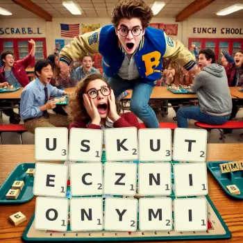 Kreatywna ilustracja do gry w Scrabble ze słowem USKUTECZNIONYMI ułożonym z płytek na planszy.