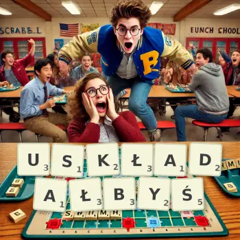 Kreatywna ilustracja do gry w Scrabble ze słowem USKŁADAŁBYŚ ułożonym z płytek na planszy.