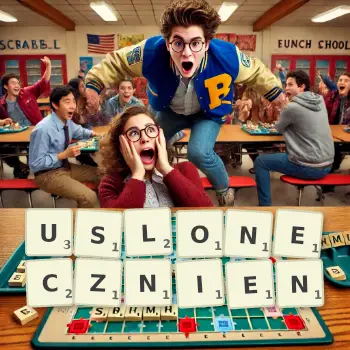 Kreatywna ilustracja do gry w Scrabble ze słowem USLONECZNIEN ułożonym z płytek na planszy.