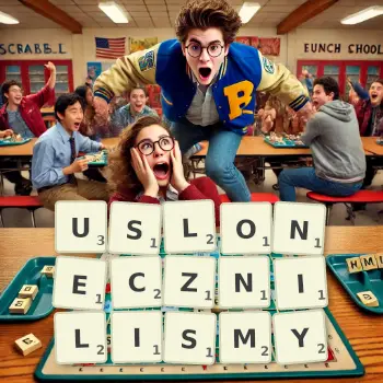 Kreatywna ilustracja do gry w Scrabble ze słowem USLONECZNILISMY ułożonym z płytek na planszy.