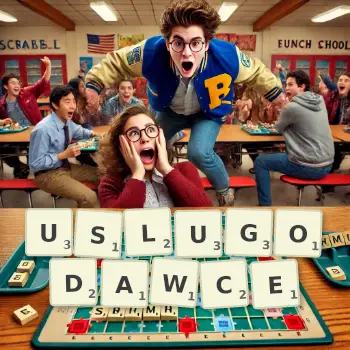 Kreatywna ilustracja do gry w Scrabble ze słowem USLUGODAWCE ułożonym z płytek na planszy.