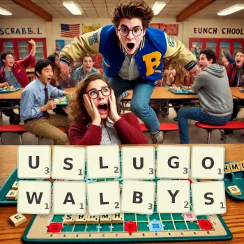 Kreatywna ilustracja do gry w Scrabble ze słowem USLUGOWALBYS ułożonym z płytek na planszy.