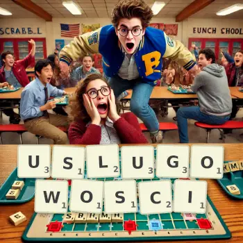 Kreatywna ilustracja do gry w Scrabble ze słowem USLUGOWOSCI ułożonym z płytek na planszy.