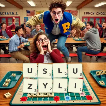 Kreatywna ilustracja do gry w Scrabble ze słowem USLUZYLI ułożonym z płytek na planszy.