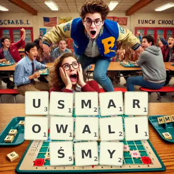 Kreatywna ilustracja do gry w Scrabble ze słowem USMAROWALIŚMY ułożonym z płytek na planszy.