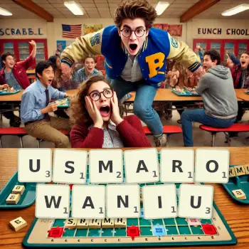 Kreatywna ilustracja do gry w Scrabble ze słowem USMAROWANIU ułożonym z płytek na planszy.