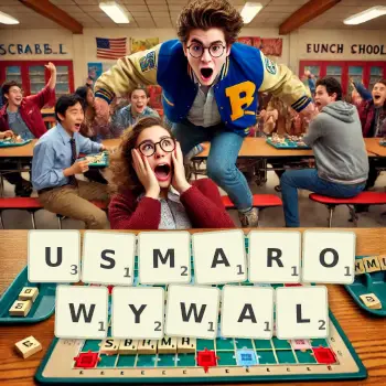 Kreatywna ilustracja do gry w Scrabble ze słowem USMAROWYWAL ułożonym z płytek na planszy.