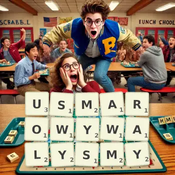 Kreatywna ilustracja do gry w Scrabble ze słowem USMAROWYWALYSMY ułożonym z płytek na planszy.