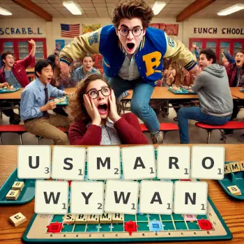 Kreatywna ilustracja do gry w Scrabble ze słowem USMAROWYWAN ułożonym z płytek na planszy.