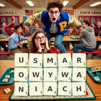 Kreatywna ilustracja do gry w Scrabble ze słowem USMAROWYWANIACH ułożonym z płytek na planszy.