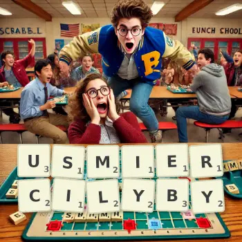 Kreatywna ilustracja do gry w Scrabble ze słowem USMIERCILYBY ułożonym z płytek na planszy.