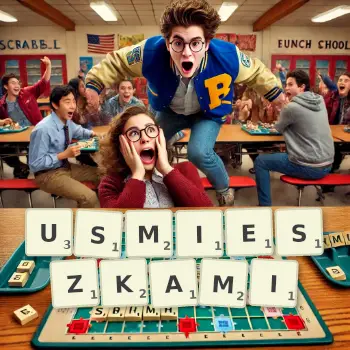Kreatywna ilustracja do gry w Scrabble ze słowem USMIESZKAMI ułożonym z płytek na planszy.