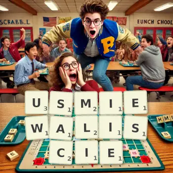 Kreatywna ilustracja do gry w Scrabble ze słowem USMIEWALISCIE ułożonym z płytek na planszy.