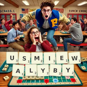 Kreatywna ilustracja do gry w Scrabble ze słowem USMIEWALYBY ułożonym z płytek na planszy.