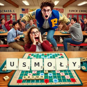 Kreatywna ilustracja do gry w Scrabble ze słowem USMOŁY ułożonym z płytek na planszy.