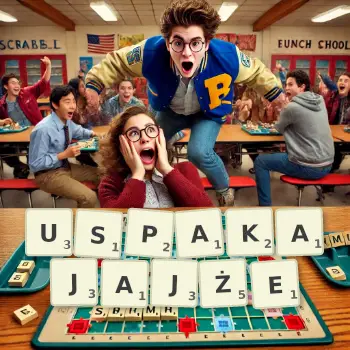 Kreatywna ilustracja do gry w Scrabble ze słowem USPAKAJAJŻE ułożonym z płytek na planszy.