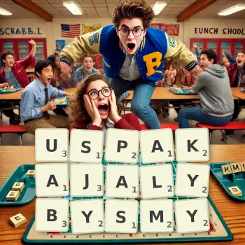 Kreatywna ilustracja do gry w Scrabble ze słowem USPAKAJALYBYSMY ułożonym z płytek na planszy.