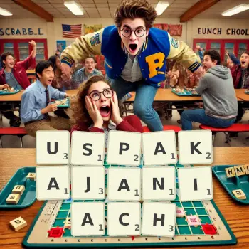 Kreatywna ilustracja do gry w Scrabble ze słowem USPAKAJANIACH ułożonym z płytek na planszy.