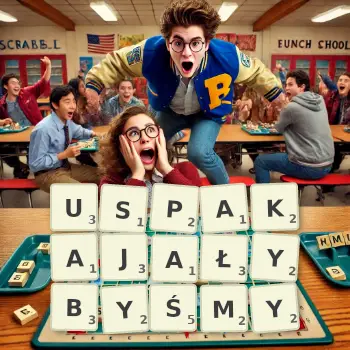 Kreatywna ilustracja do gry w Scrabble ze słowem USPAKAJAŁYBYŚMY ułożonym z płytek na planszy.