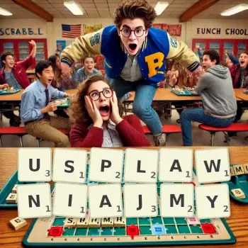 Kreatywna ilustracja do gry w Scrabble ze słowem USPLAWNIAJMY ułożonym z płytek na planszy.