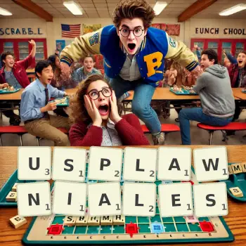 Kreatywna ilustracja do gry w Scrabble ze słowem USPLAWNIALES ułożonym z płytek na planszy.