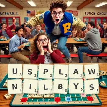 Kreatywna ilustracja do gry w Scrabble ze słowem USPLAWNILBYS ułożonym z płytek na planszy.