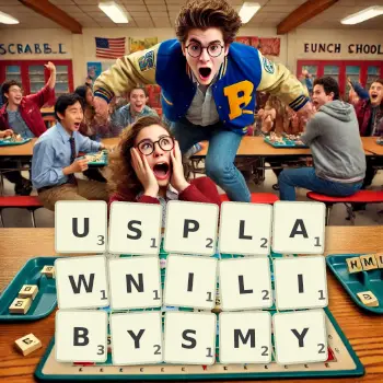 Kreatywna ilustracja do gry w Scrabble ze słowem USPLAWNILIBYSMY ułożonym z płytek na planszy.