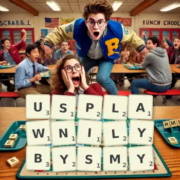 Kreatywna ilustracja do gry w Scrabble ze słowem USPLAWNILYBYSMY ułożonym z płytek na planszy.