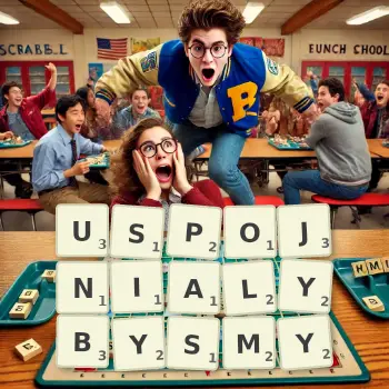 Kreatywna ilustracja do gry w Scrabble ze słowem USPOJNIALYBYSMY ułożonym z płytek na planszy.