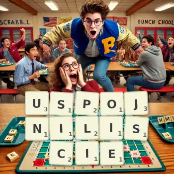 Kreatywna ilustracja do gry w Scrabble ze słowem USPOJNILISCIE ułożonym z płytek na planszy.