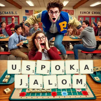 Kreatywna ilustracja do gry w Scrabble ze słowem USPOKAJALOM ułożonym z płytek na planszy.