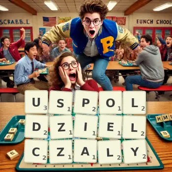 Kreatywna ilustracja do gry w Scrabble ze słowem USPOLDZIELCZALY ułożonym z płytek na planszy.