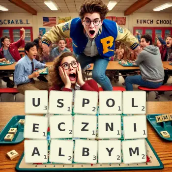 Kreatywna ilustracja do gry w Scrabble ze słowem USPOLECZNIALBYM ułożonym z płytek na planszy.