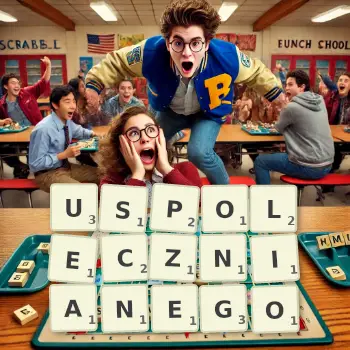 Kreatywna ilustracja do gry w Scrabble ze słowem USPOLECZNIANEGO ułożonym z płytek na planszy.