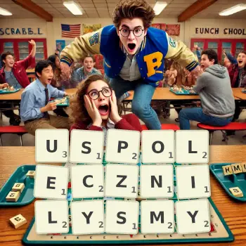 Kreatywna ilustracja do gry w Scrabble ze słowem USPOLECZNILYSMY ułożonym z płytek na planszy.