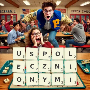 Kreatywna ilustracja do gry w Scrabble ze słowem USPOLECZNIONYMI ułożonym z płytek na planszy.