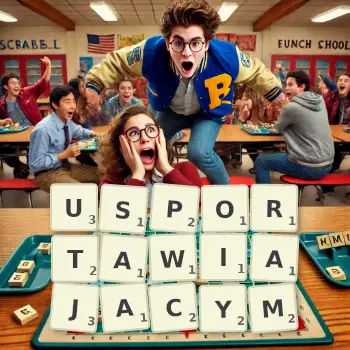 Kreatywna ilustracja do gry w Scrabble ze słowem USPORTAWIAJACYM ułożonym z płytek na planszy.