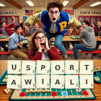 Kreatywna ilustracja do gry w Scrabble ze słowem USPORTAWIALI ułożonym z płytek na planszy.