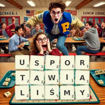 Kreatywna ilustracja do gry w Scrabble ze słowem USPORTAWIALIŚMY ułożonym z płytek na planszy.