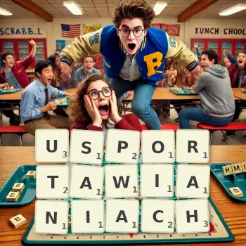 Kreatywna ilustracja do gry w Scrabble ze słowem USPORTAWIANIACH ułożonym z płytek na planszy.