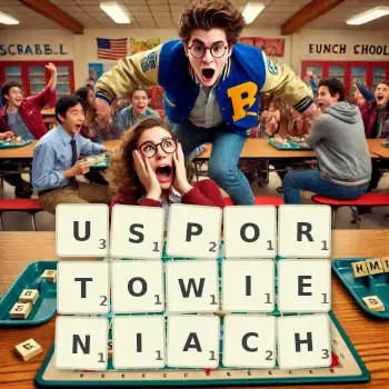 Kreatywna ilustracja do gry w Scrabble ze słowem USPORTOWIENIACH ułożonym z płytek na planszy.