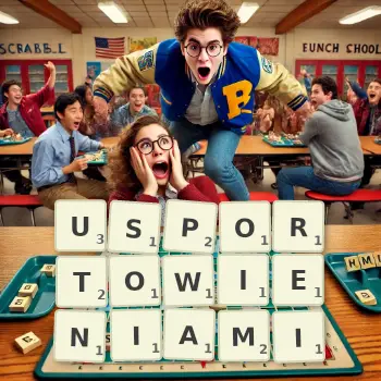 Kreatywna ilustracja do gry w Scrabble ze słowem USPORTOWIENIAMI ułożonym z płytek na planszy.