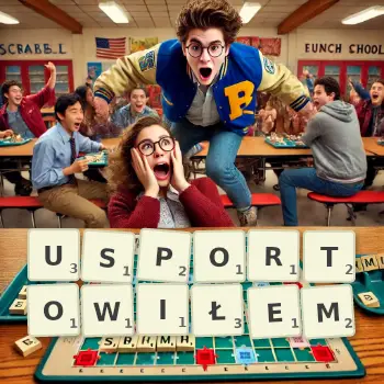 Kreatywna ilustracja do gry w Scrabble ze słowem USPORTOWIŁEM ułożonym z płytek na planszy.