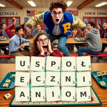 Kreatywna ilustracja do gry w Scrabble ze słowem USPOŁECZNIANIOM ułożonym z płytek na planszy.